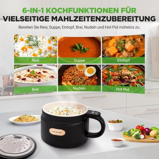 NutriChef 1.6L Hordozható Elektromos Rizsfőző & Ebédkészítő 6 Funkcióval Fekete