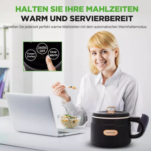 NutriChef 1.6L Hordozható Elektromos Rizsfőző & Ebédkészítő 6 Funkcióval Fekete