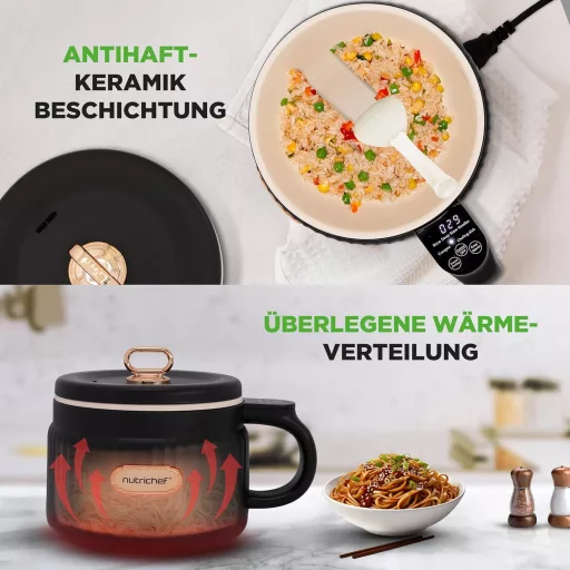 NutriChef 1.6L Hordozható Elektromos Rizsfőző & Ebédkészítő 6 Funkcióval Fekete