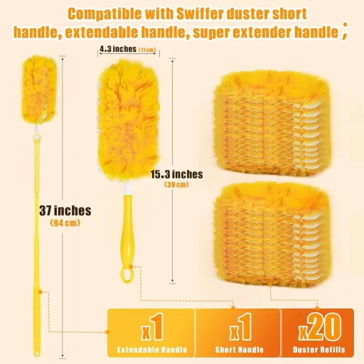 JEHONN Rezerve Lavete Praf, 20 buc, Compatibile cu Swiffer Duster, Atracție praf 360°, Mâner Telescopic, Mâner Ajustabil, Păr de animale ș.a.