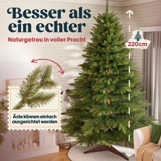 Brad Artificial Premium Pure Living, 220 cm - Realist, cu Ramuri Dense, Suport din Lemn și Sac de Depozitare, Brad de Crăciun Nordmann cu Ace Care Nu Cad