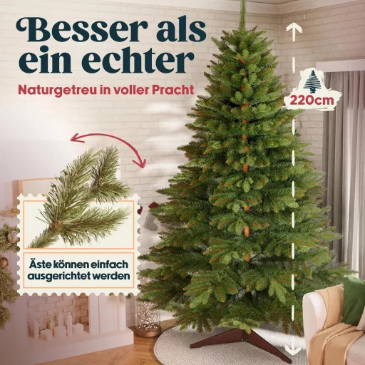 Brad Artificial Premium Pure Living, 220 cm - Realist, cu Ramuri Dense, Suport din Lemn și Sac de Depozitare, Brad de Crăciun Nordmann cu Ace Care Nu Cad