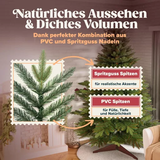 Brad Artificial Premium Pure Living, 220 cm - Realist, cu Ramuri Dense, Suport din Lemn și Sac de Depozitare, Brad de Crăciun Nordmann cu Ace Care Nu Cad