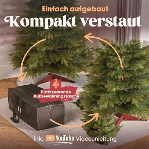 Brad Artificial Premium Pure Living, 220 cm - Realist, cu Ramuri Dense, Suport din Lemn și Sac de Depozitare, Brad de Crăciun Nordmann cu Ace Care Nu Cad