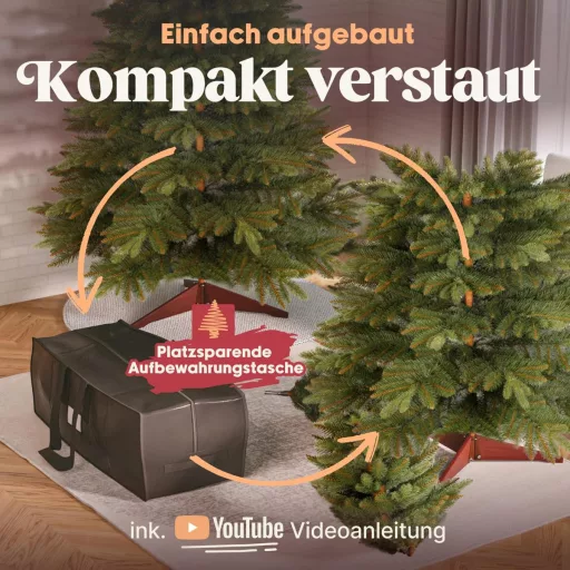 Brad Artificial Premium Pure Living, 220 cm - Realist, cu Ramuri Dense, Suport din Lemn și Sac de Depozitare, Brad de Crăciun Nordmann cu Ace Care Nu Cad