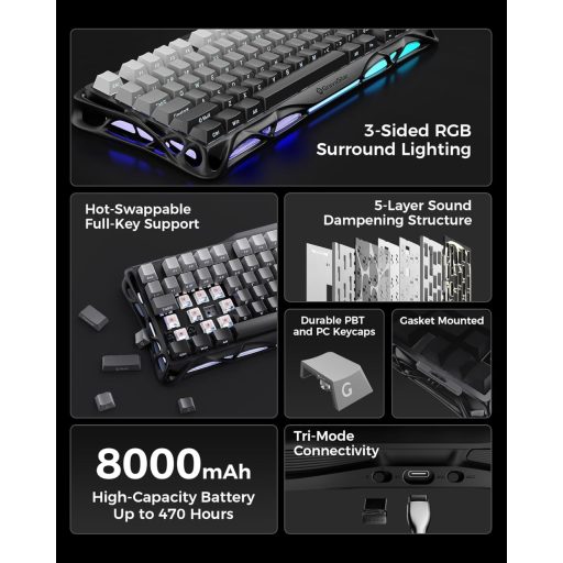 GravaStar Mercury K1 75% Mechanikus Gaming Billentyűzet Alumínium Exoskeleton RGB