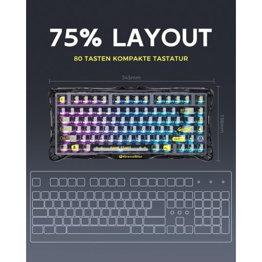 Tastatură de Gaming Wireless GravaStar Mercury K1 Lite 75% cu Iluminare RGB