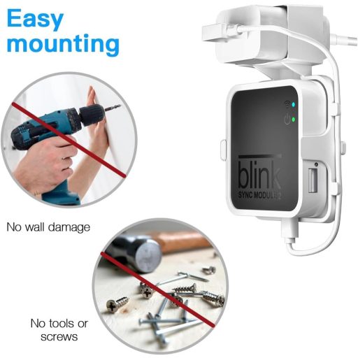 Držiak na stenu Akoemxeeo pre Blink Sync Module 2 - Biely plastový držiak s USB káblom, pre kamerový systém Blink, inštalácia bez vŕtania