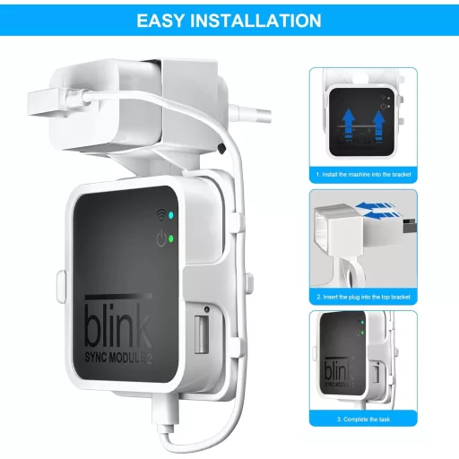 Držiak na stenu Akoemxeeo pre Blink Sync Module 2 - Biely plastový držiak s USB káblom, pre kamerový systém Blink, inštalácia bez vŕtania