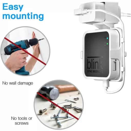 Akoemxeeo Fali Tartó Blink Sync Module 2-höz - Fehér Műanyag Rögzítő USB Kábellel, Blink Kamera Rendszerhez, Fúrás Nélkül Telepíthető