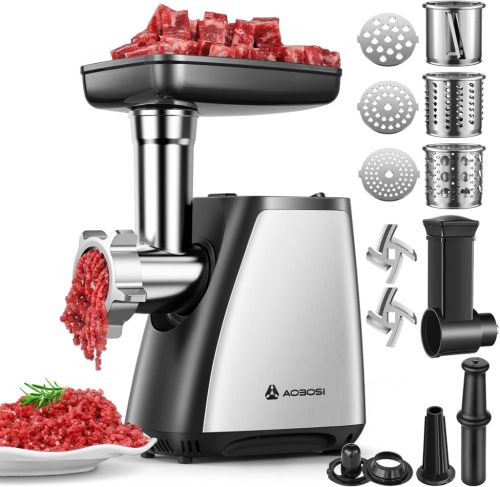 AAOBOSI Tocător de carne electric 4 în 1, 2800W - Mașină de tocat carne din oțel inoxidabil cu 3 discuri, accesoriu pentru cârnați, pentru uz casnic