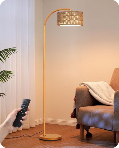 Lampadar curbat EDISHINE pentru living - Cu telecomandă, intensitate reglabilă, abajur împletit din sfoară, cap rotativ, bec LED 9W, auriu