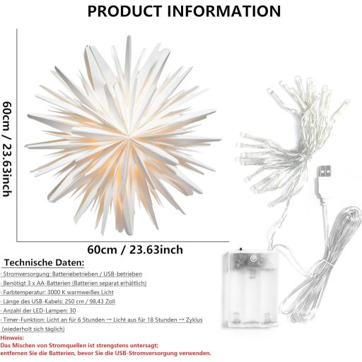EANLOLY 60 cm-ová svietiaca papierová hviezda, dekorácia na vianočný stromček, biela