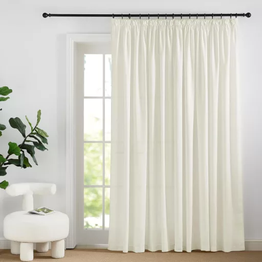 PONY DANCE Draperii din in cu bride – Semitransparente, alb fildeș, pentru șină, 260x300 cm, cu bandă plisată, pentru living, dormitor, bucătărie
