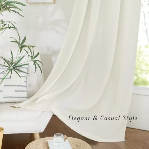 PONY DANCE Draperii din in cu bride – Semitransparente, alb fildeș, pentru șină, 260x300 cm, cu bandă plisată, pentru living, dormitor, bucătărie