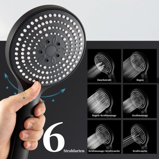 OFFO Crna Glava Tuša 130mm - 6 Vrsta Mlaznica, Štedljiva, XXL Veličina Okrugla Ruža Tuša za Kupaonicu, Zidna Plastična Glava Tuša