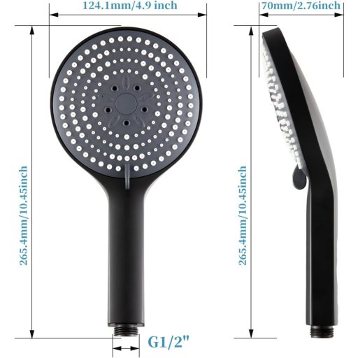 OFFO Cap de duș negru 130mm - 6 tipuri de jet, economisire de apă, cap de duș rotund XXL pentru baie, cap de duș din plastic pentru montare pe perete