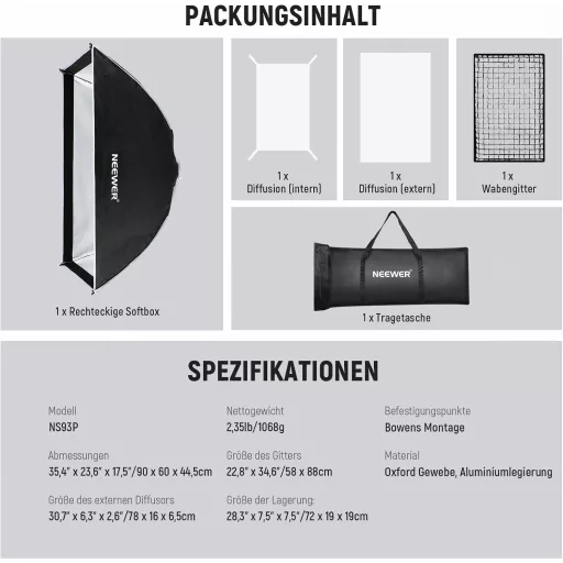 NEEWER 60x90cm Obdĺžnikový Softbox s Bowens Montážou - Rýchloupínací Štúdiový Modifikátor Svetla s Difúzorom a Mriežkou, pre Aputure 120d a Godox S