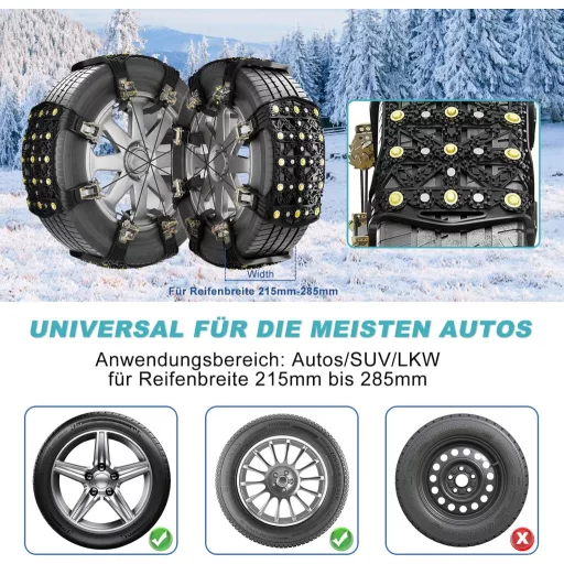 SUNYRISY 8-dielna sada snehových reťazí, univerzálne núdzové reťaze pre automobily, nastaviteľné TPU gumové reťaze, vysoká priľnavosť, pre šírku pneumatík 215-285 mm