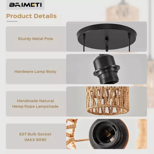BRIMETI Lampă Suspendată din Rattan cu 3 Becuri - Lustră de Plafon Vintage, Înălțime Ajustabilă, E27 LED 60W, Rattan Natural Maro, pentru Sufragerie, Dormitor