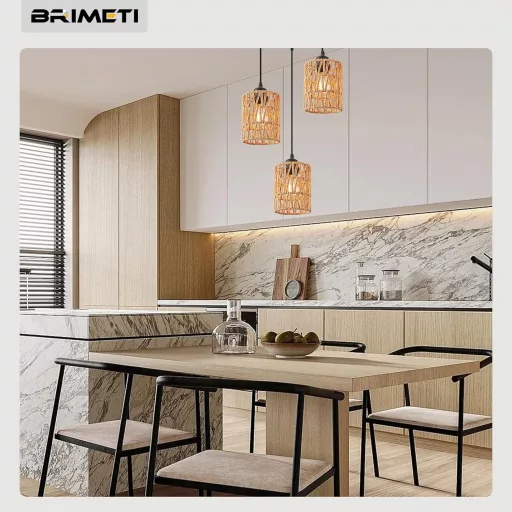 BRIMETI Lampă Suspendată din Rattan cu 3 Becuri - Lustră de Plafon Vintage, Înălțime Ajustabilă, E27 LED 60W, Rattan Natural Maro, pentru Sufragerie, Dormitor