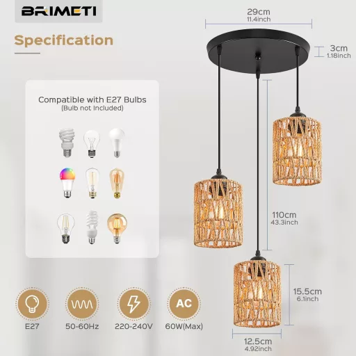 BRIMETI Rattan Függőlámpa 3 Égős - Vintage Mennyezeti Csillár, Állítható Magasság, E27 LED 60W, Barna Natur Rattan, Étkezőbe, Hálószobába