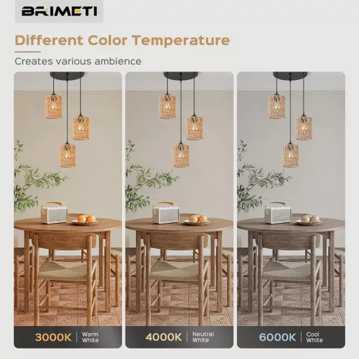 BRIMETI Rattan Függőlámpa 3 Égős - Vintage Mennyezeti Csillár, Állítható Magasság, E27 LED 60W, Barna Natur Rattan, Étkezőbe, Hálószobába