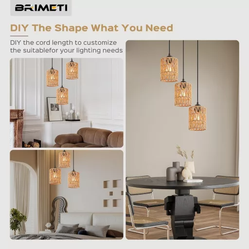 BRIMETI Rattan Függőlámpa 3 Égős - Vintage Mennyezeti Csillár, Állítható Magasság, E27 LED 60W, Barna Natur Rattan, Étkezőbe, Hálószobába