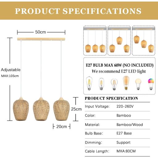 Závesná bambusová lampa Schindora, boho štýl, ručne tkaná, vintage svietidlo s 3 ramenami do obývačky, spálne a kuchyne