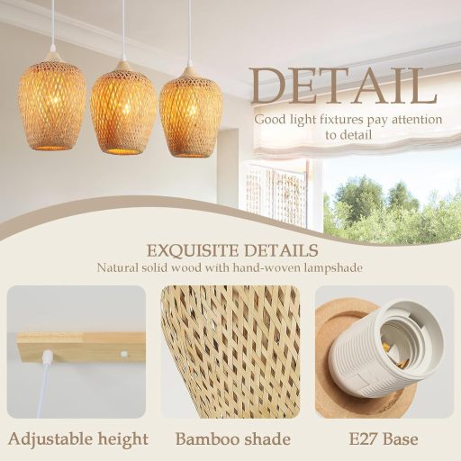 Závesná bambusová lampa Schindora, boho štýl, ručne tkaná, vintage svietidlo s 3 ramenami do obývačky, spálne a kuchyne