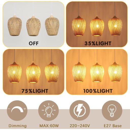 Závesná bambusová lampa Schindora, boho štýl, ručne tkaná, vintage svietidlo s 3 ramenami do obývačky, spálne a kuchyne