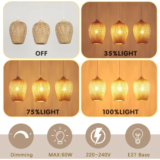 Schindora Bambusz Függőlámpa Boho Kézzel Szőtt Vintage 3 Ágú Lámpatest Nappali Hálószoba Konyha