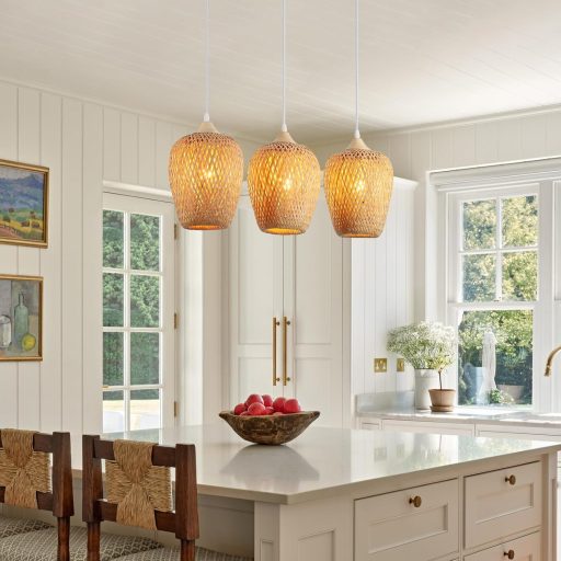 Závesná bambusová lampa Schindora, boho štýl, ručne tkaná, vintage svietidlo s 3 ramenami do obývačky, spálne a kuchyne