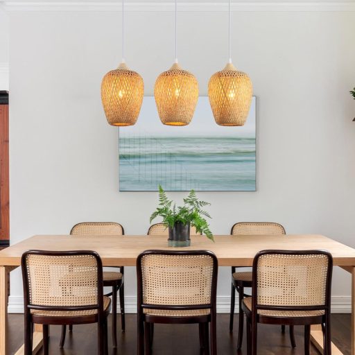 Závesná bambusová lampa Schindora, boho štýl, ručne tkaná, vintage svietidlo s 3 ramenami do obývačky, spálne a kuchyne