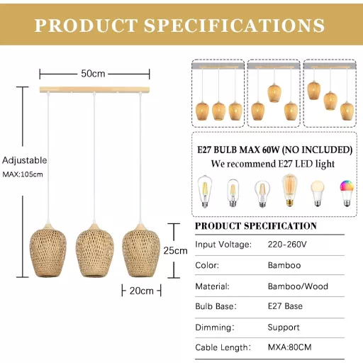 Schindora Lampă Suspendată Bambus Boho Vintage, 3 Brațe, pentru Living, Dormitor, Bucătărie