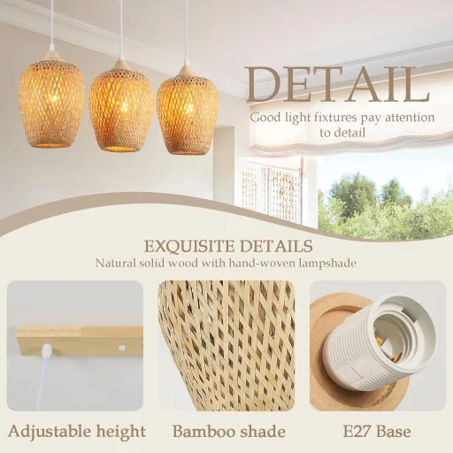 Schindora Lampă Suspendată Bambus Boho Vintage, 3 Brațe, pentru Living, Dormitor, Bucătărie