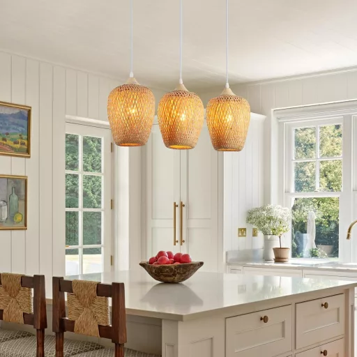 Schindora Lampă Suspendată Bambus Boho Vintage, 3 Brațe, pentru Living, Dormitor, Bucătărie