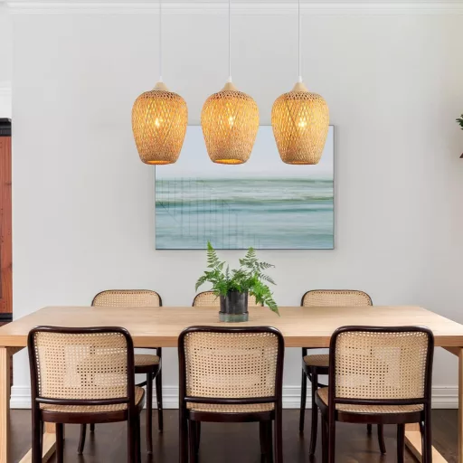 Schindora Lampă Suspendată Bambus Boho Vintage, 3 Brațe, pentru Living, Dormitor, Bucătărie