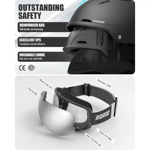 Set Cască de Schi și Ochelari RIOOROO - Cască Sport cu Ventilație Ajustabilă, Rezistentă la Vânt, Unisex, pentru Snowboard, Schi și Sporturi de Iarnă, Negru, Mărimea S