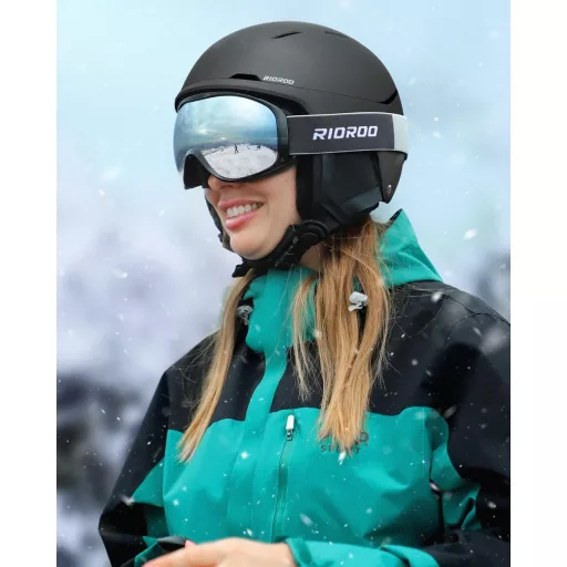 RIOROO Síbukósisak és Szemüveg Szett - Állítható Szellőzésű Sportbukósisak, Szélálló, Unisex, Snowboard, Sí és Téli Sportokhoz, Fekete, S Mé