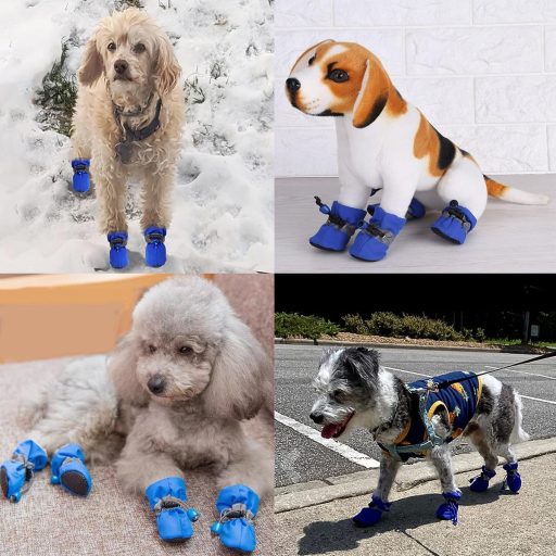 FaJoek, 4 bucăți, pantofi impermeabili pentru câini, cu benzi reflectorizante, protecție antiderapantă pentru tălpi, albastru, pentru câini de talie mică