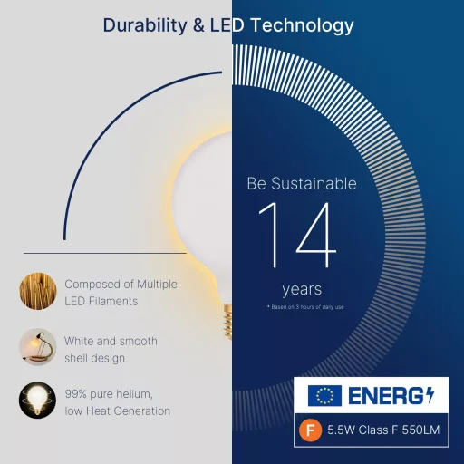 FLSNT E27 Dimmelhető G95 Vintage Izzó 5,5W Meleg Fehér 2200K 550LM