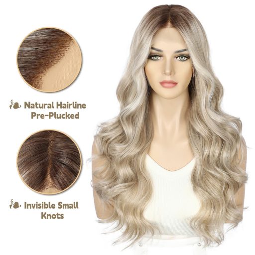 Sapphirewigs Blond Parochňa 13x4 Čipka vpredu - 56 cm Vlnité Syntetické Vlasy, Predtrhaná, Teplovzdorná, 150% Hustota, Transparentná Čipka, Na Každodenné Nosenie