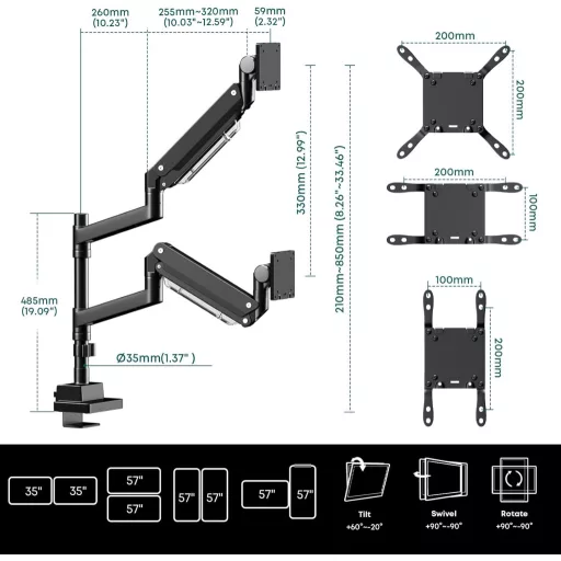 Putilsen Mount Dual Monitor Tartó 24-57" Gázrugós Állvány Magasságállítható