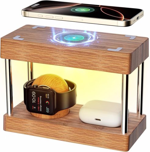 Alltripal 4-în-1 Stație de Încărcare Wireless cu Lampă de Noptieră - Încărcător iPhone/Apple Watch/AirPods cu Design din Lemn, 3 Temperaturi de Culoare, Lumină Reglabilă