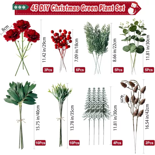 Set de crenguțe și flori artificiale Rollway, 45 bucăți - Decorațiuni de Crăciun cu flori roșii, bobițe și frunze - Ornamente pentru masă și coroane.