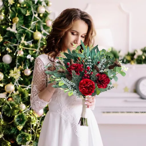 Set de crenguțe și flori artificiale Rollway, 45 bucăți - Decorațiuni de Crăciun cu flori roșii, bobițe și frunze - Ornamente pentru masă și coroane.