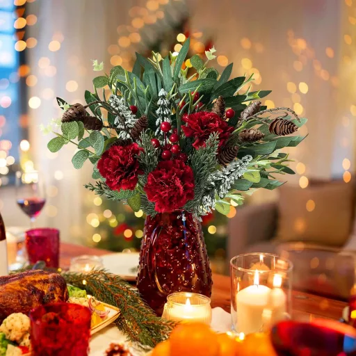 Set de crenguțe și flori artificiale Rollway, 45 bucăți - Decorațiuni de Crăciun cu flori roșii, bobițe și frunze - Ornamente pentru masă și coroane.