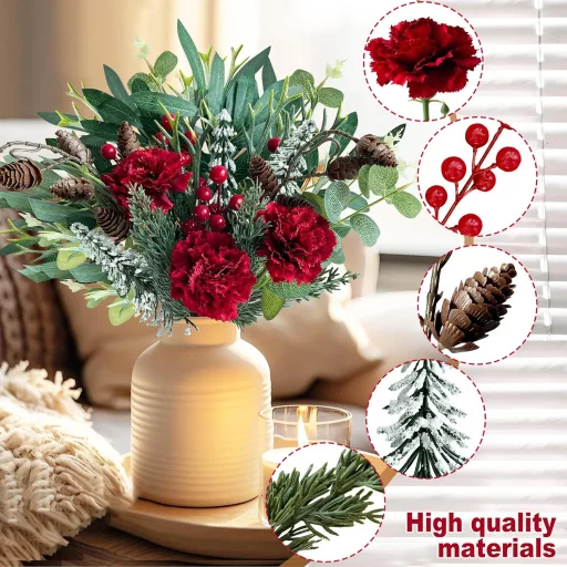 Set de crenguțe și flori artificiale Rollway, 45 bucăți - Decorațiuni de Crăciun cu flori roșii, bobițe și frunze - Ornamente pentru masă și coroane.