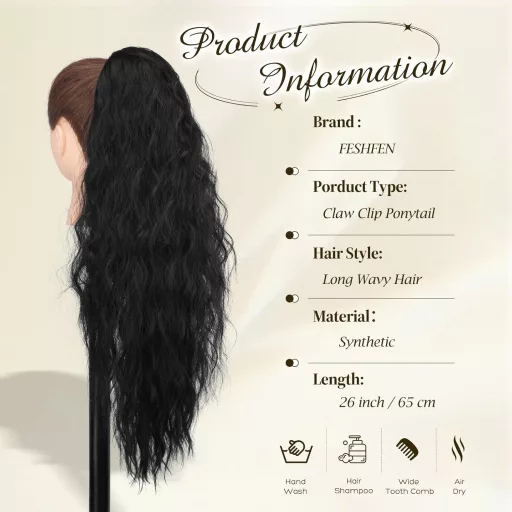 Extensie coadă de cal cu clips FESHFEN - 65 cm lungime, coc ondulat din păr sintetic rezistent la căldură, negru